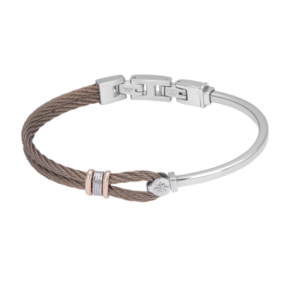 Stainless steel bracelet and brown PVD cable with rosé and wind rose links