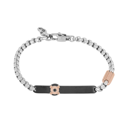 Ocelový náramek s řetízkem a vroubkovanou destičkou z černého PVD a černým diamantem (0,025 ct)