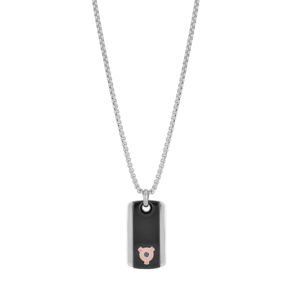 Náhrdelník s ocelovým přívěskem, černou PVD destičkou na vroubkovaném plechu a černým diamantem (0,025 ct)
