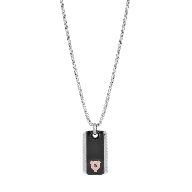 Náhrdelník s ocelovým přívěskem, černou PVD destičkou na vroubkovaném plechu a černým diamantem (0,025 ct)